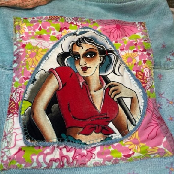 Handmade in The Keys Jean Floral Fabric Applique Girl Hobo Tote Bag Large 13x13" - Picture 3 of 15